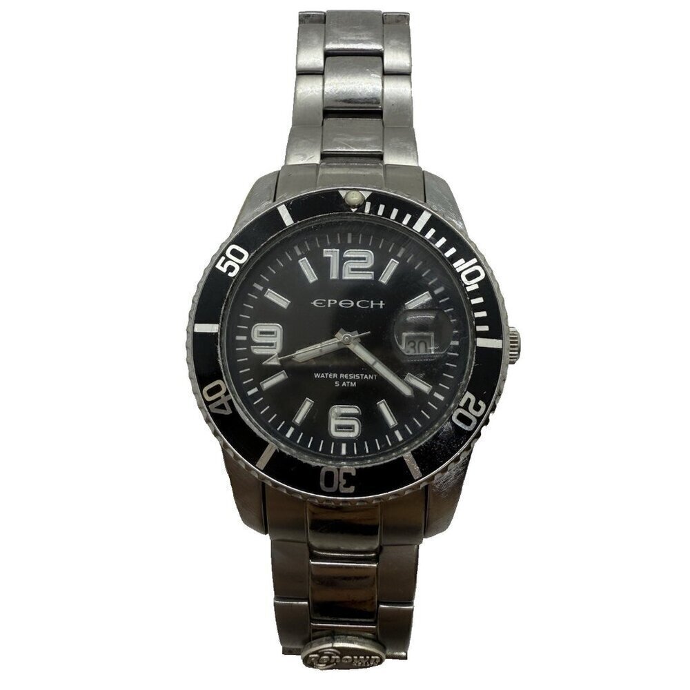 Epoch Quartz Men's Round Watch Silver Tone Bracelet WR 5ATM Black Face Date 40mm